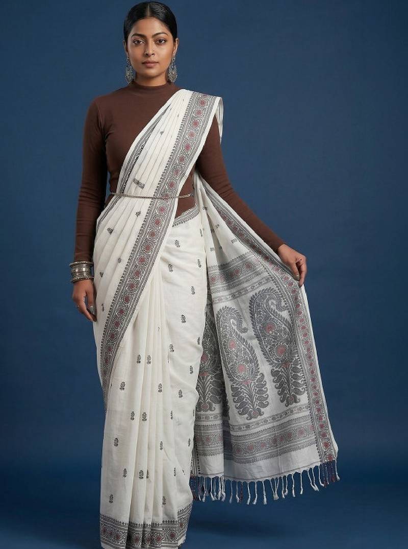 Women printed pure cotton kasavu saree with unstitched blouse