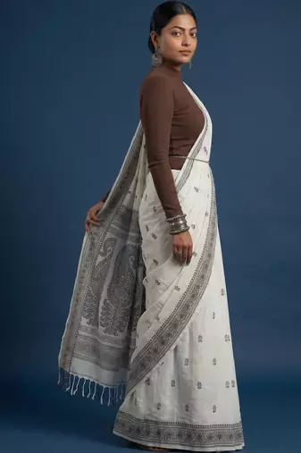 Women printed pure cotton kasavu saree with unstitched blouse