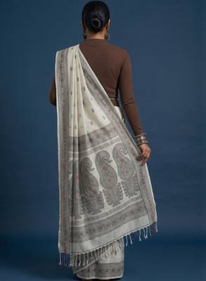 white printed pure cotton kasavu saree with unstitched blouse 3