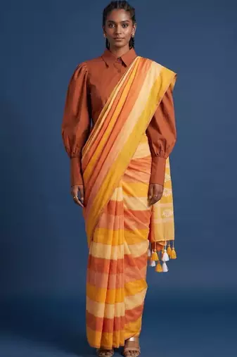 Women striped pure cotton kasavu saree with unstitched blouse
