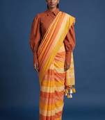 Women striped pure cotton kasavu saree with unstitched blouse