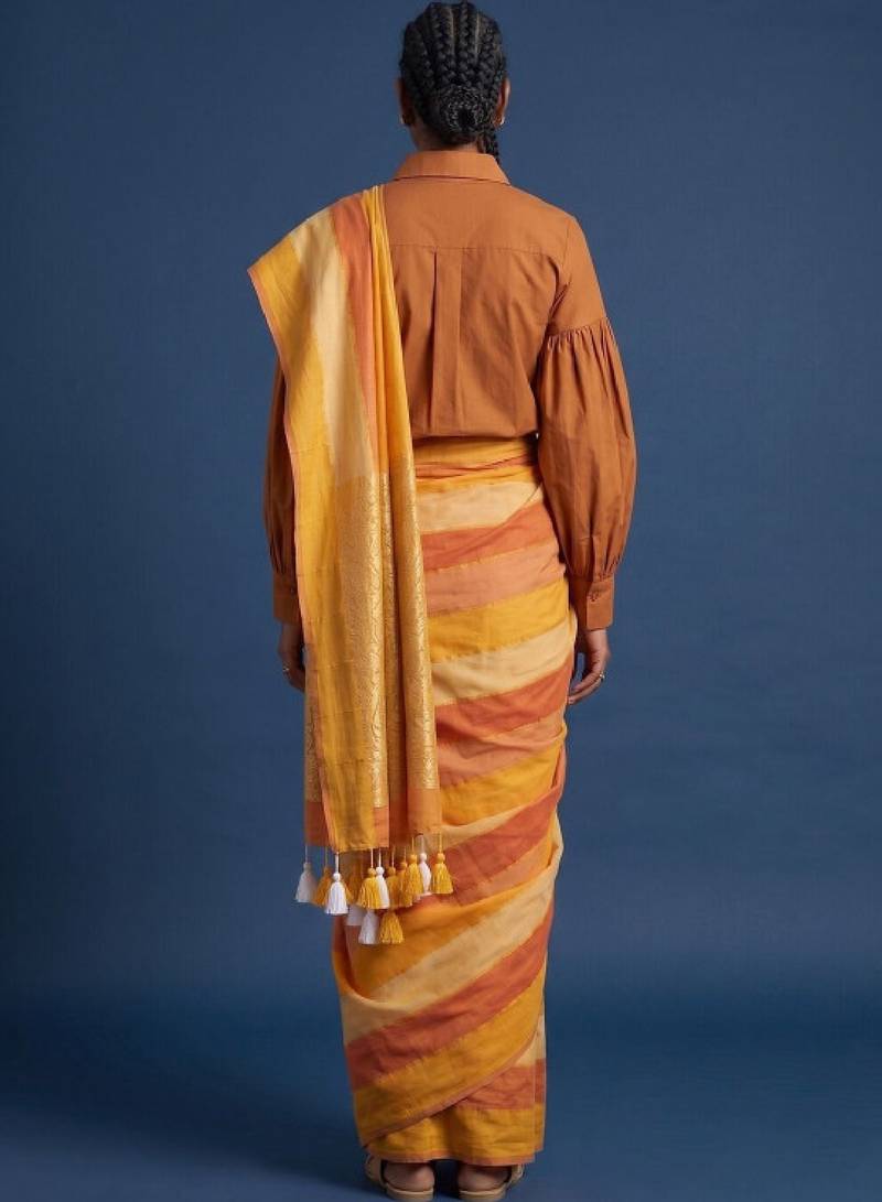 Women striped pure cotton kasavu saree with unstitched blouse