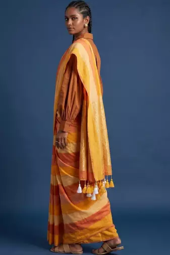 Women striped pure cotton kasavu saree with unstitched blouse