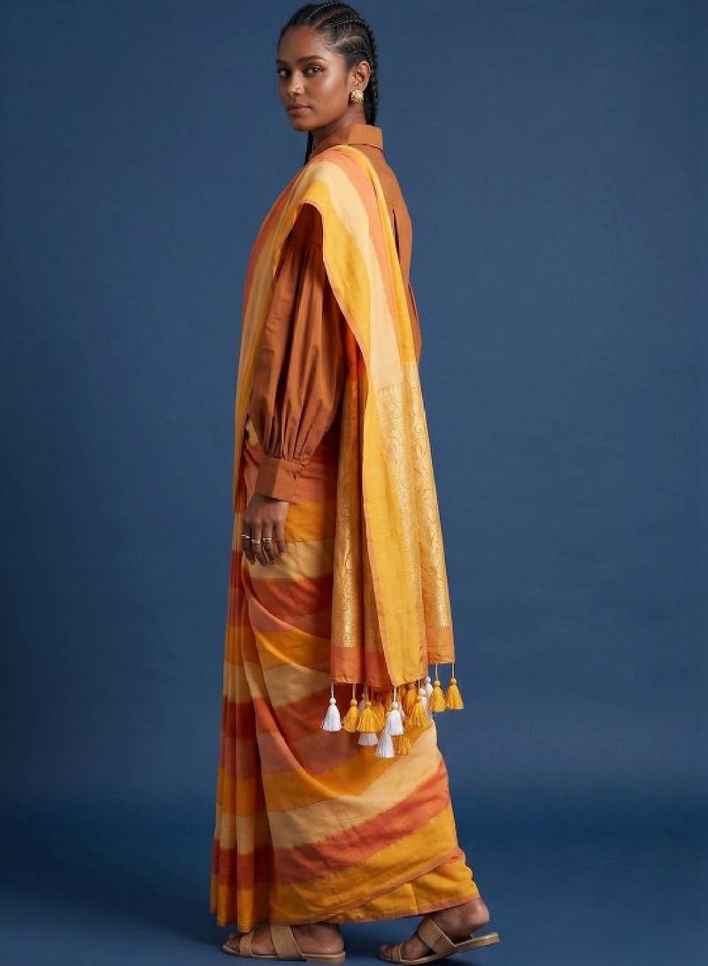 Women striped pure cotton kasavu saree with unstitched blouse