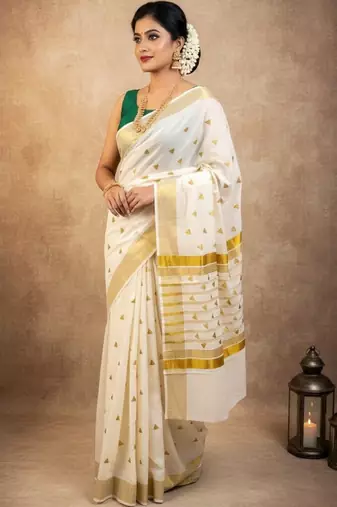 Woven design zari pure cotton kasavu saree
