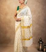 Woven design zari pure cotton kasavu saree