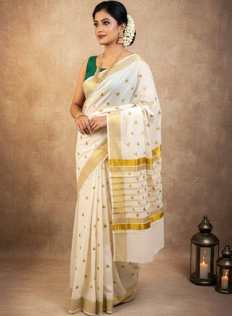 Woven design zari pure cotton kasavu saree