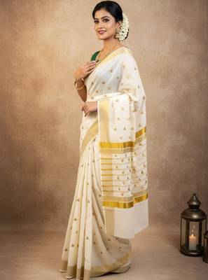 off white zari design pure cotton kasavu saree with golden polka dots 3