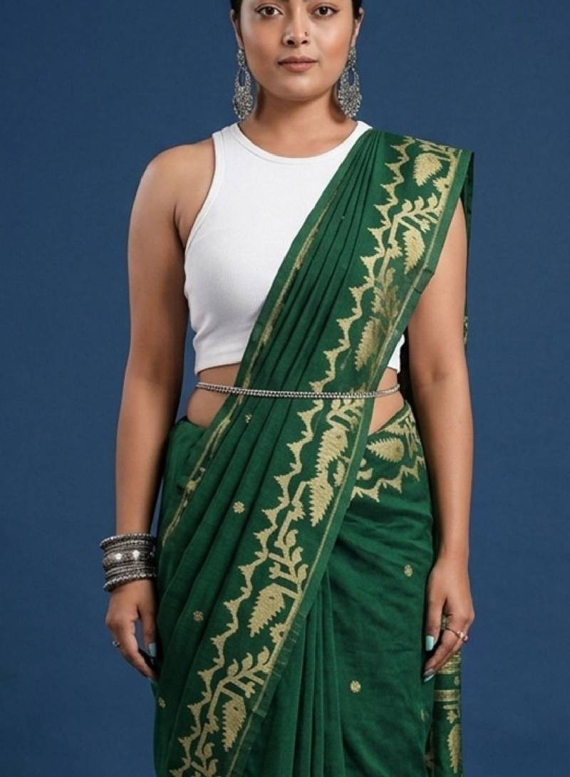 Women woven design pure cotton kasavu saree with unstitched blouse