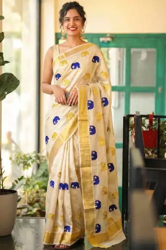Denim blue golden gajah embroidery kasavu tissue sarees