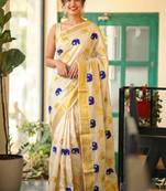 Denim blue golden gajah embroidery kasavu tissue sarees