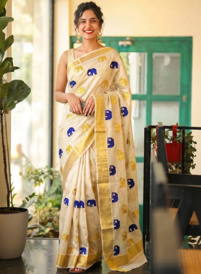 Denim blue golden gajah embroidery kasavu tissue sarees