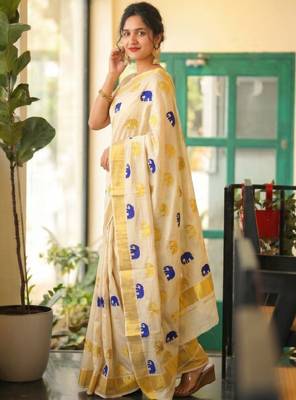 denim blue golden gajah embroidery tissue kasavu saree 2