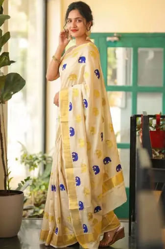Denim blue golden gajah embroidery kasavu tissue sarees