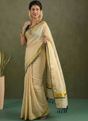 cream checked tissue kasavu saree with blue zari border 1