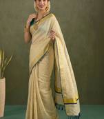 cream checked tissue kasavu saree with blue zari border