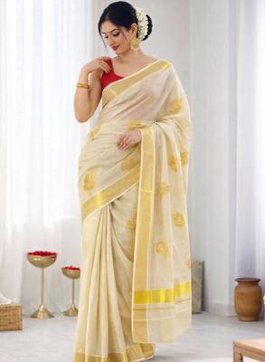 off white tissue kasavu running saree with golden leaf embroidery 1