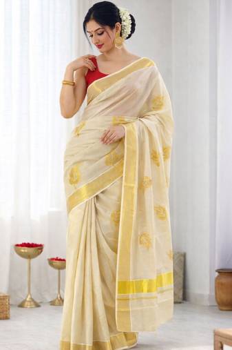 Golden leaf embroidery kasavu tissue running blouse sarees