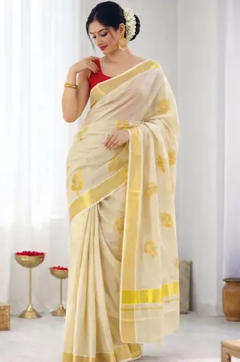 Golden leaf embroidery kasavu tissue running blouse sarees