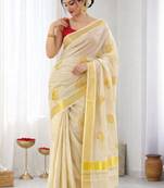 Golden leaf embroidery kasavu tissue running blouse sarees