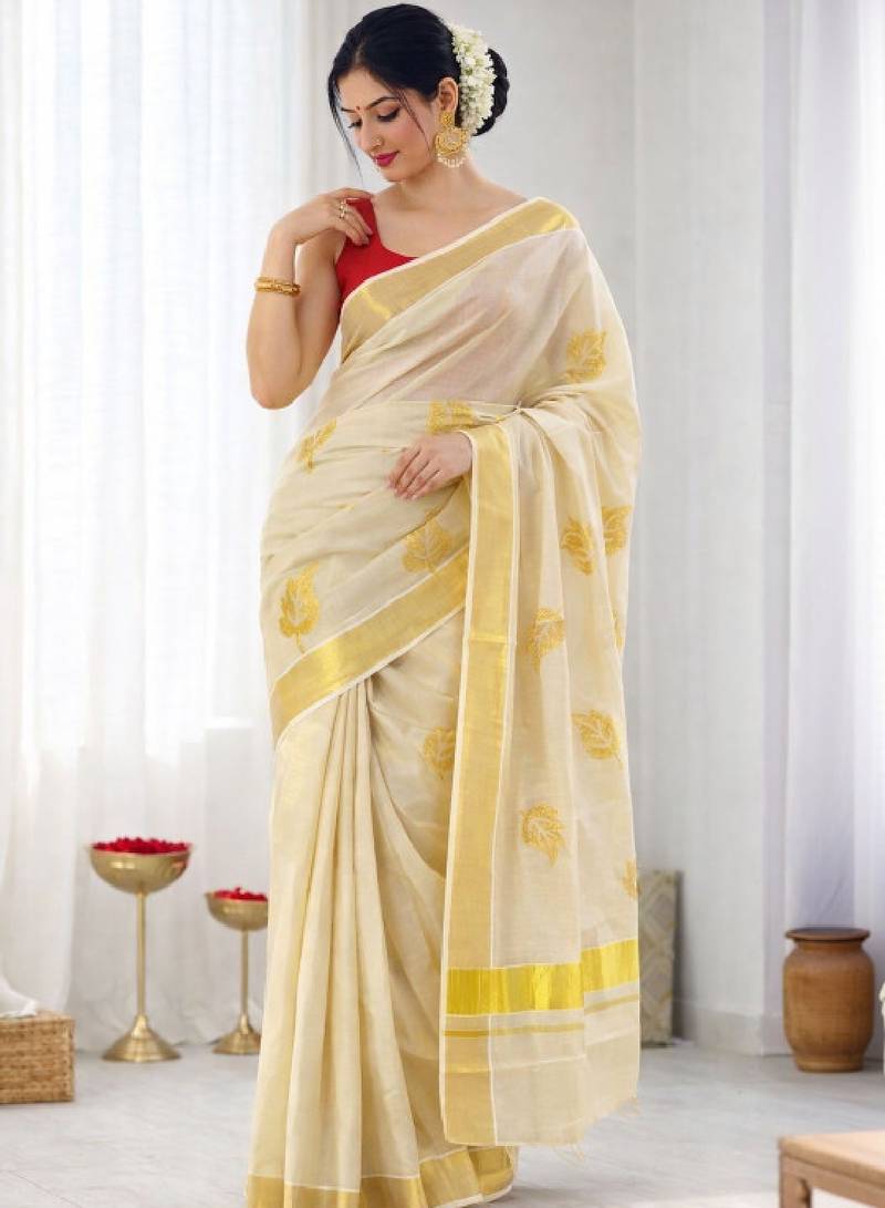 Golden leaf embroidery kasavu tissue running blouse sarees