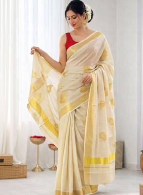 off white tissue kasavu running saree with golden leaf embroidery 2