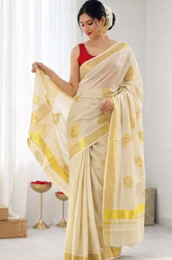 Golden leaf embroidery kasavu tissue running blouse sarees