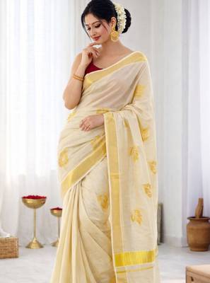 off white tissue kasavu running saree with golden leaf embroidery 3