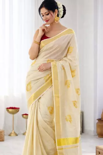 Golden leaf embroidery kasavu tissue running blouse sarees
