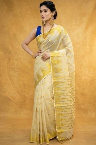 Golden tissue temple polka jacquard zari border running blouse sarees