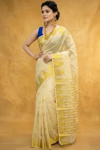 Golden tissue temple polka jacquard zari border running blouse sarees