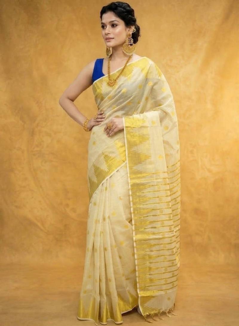 Golden tissue temple polka jacquard zari border running blouse sarees