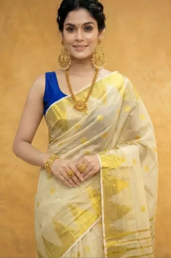 Golden tissue temple polka jacquard zari border running blouse sarees