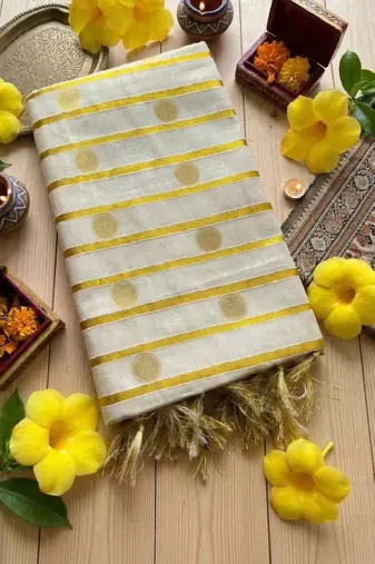 Golden tissue temple polka jacquard zari border running blouse sarees