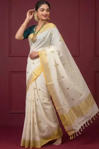 Block chakra zari woven cotton kasavu orange border sarees