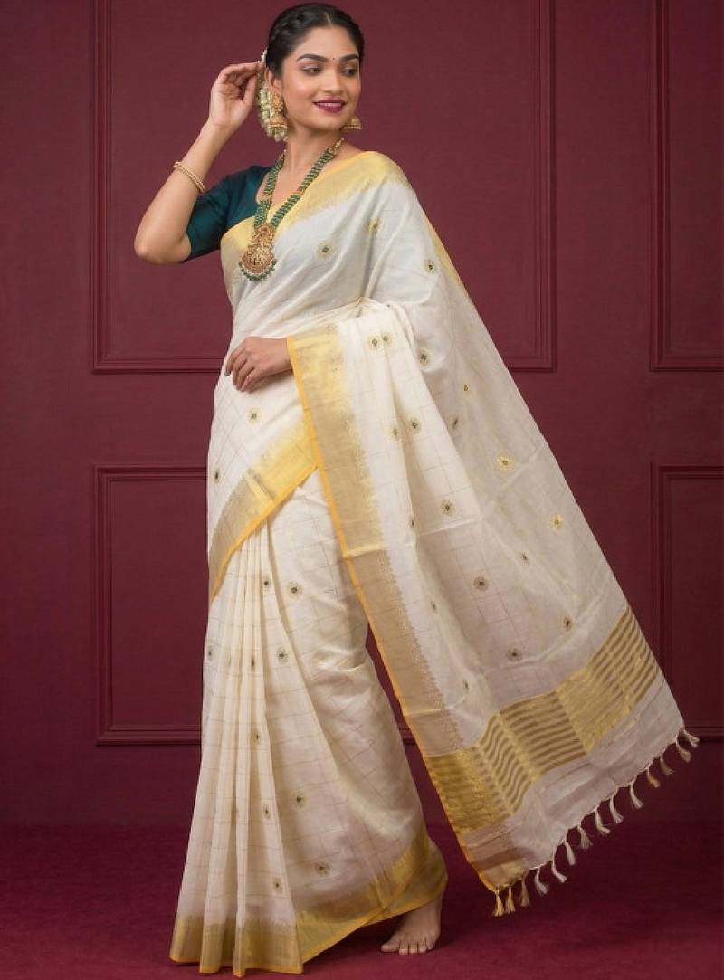 Block chakra zari woven cotton kasavu orange border sarees