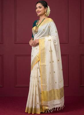 off white pure cotton kerala kasavu saree with zari design 2