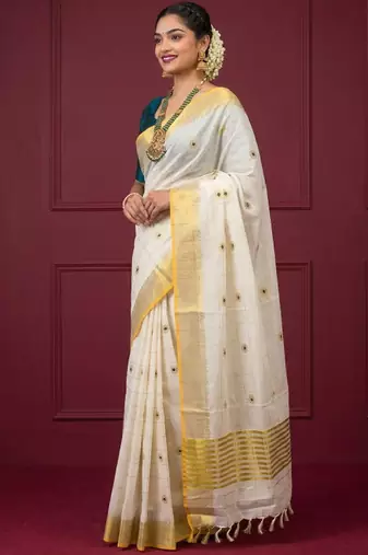 Block chakra zari woven cotton kasavu orange border sarees