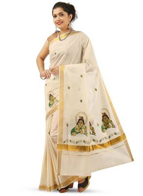 off white zari work pure cotton kasavu saree with lord balakrishna motifs 1