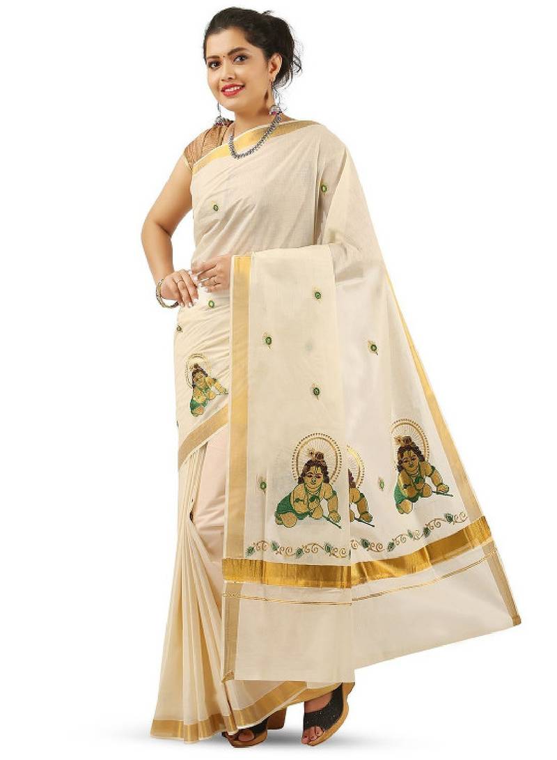 Ethnic motifs zari pure cotton kasavu saree