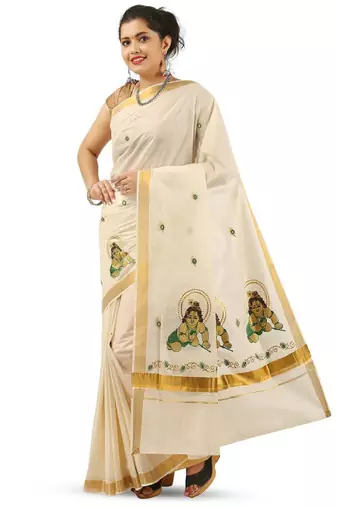 Ethnic motifs zari pure cotton kasavu saree