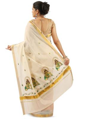 off white zari work pure cotton kasavu saree with lord balakrishna motifs 3