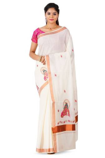 off white balakrishna motifs zari pure cotton kasavu saree
