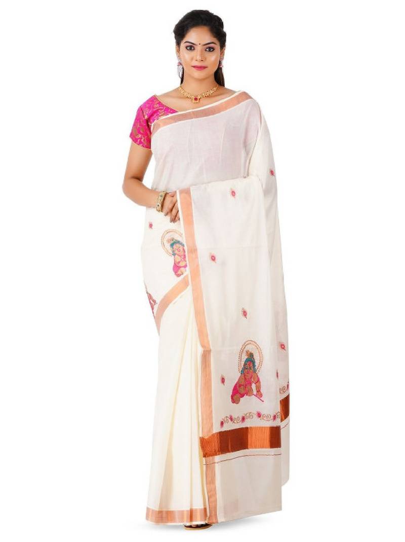 Ethnic motifs zari pure cotton kasavu saree