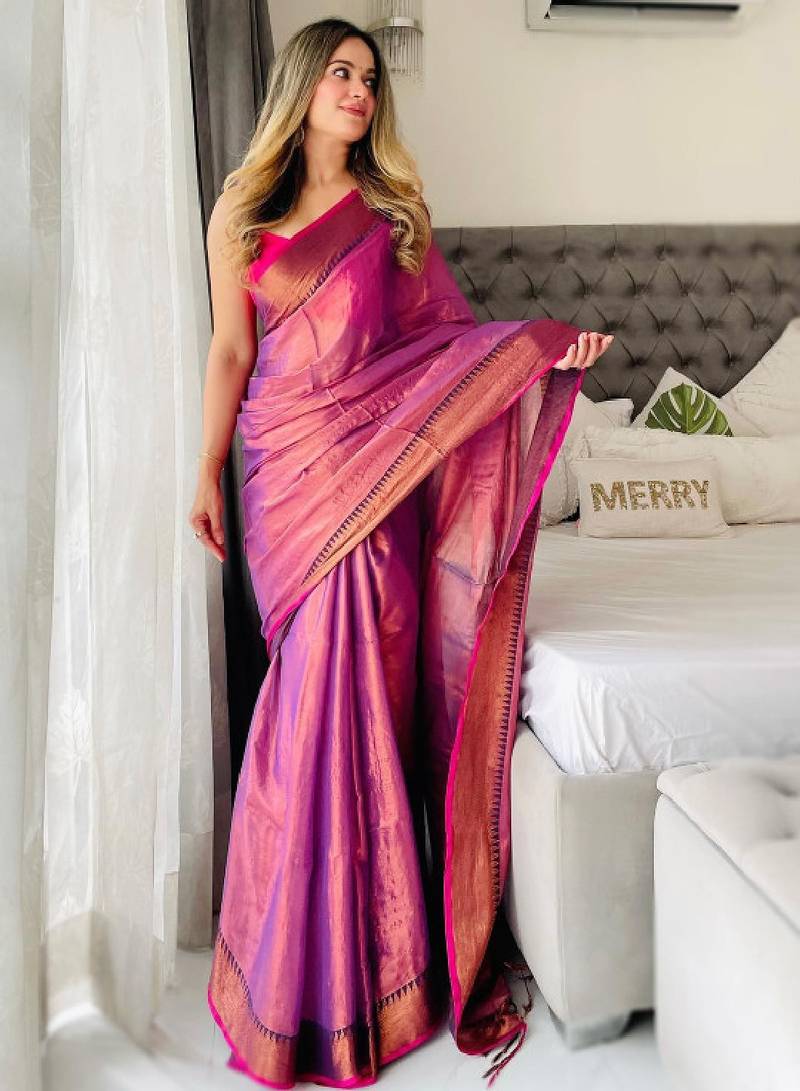 Purple woven design tissue sarees