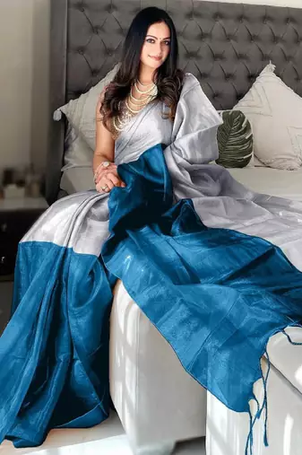 Teal woven design tissue sarees