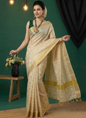 off white woven design pure cotton handloom kasavu saree 1
