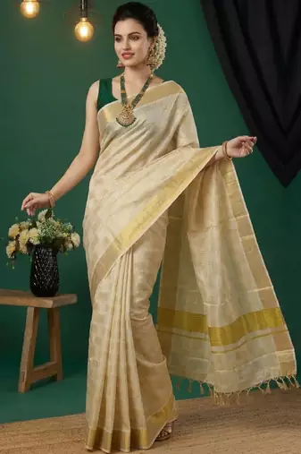Woven design pure cotton handloom kasavu saree