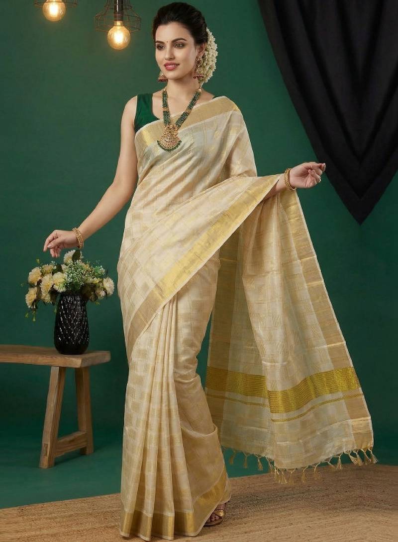 Woven design pure cotton handloom kasavu saree