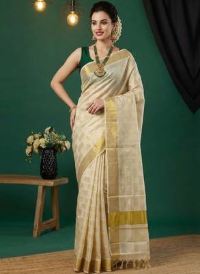 off white woven design pure cotton handloom kasavu saree 2